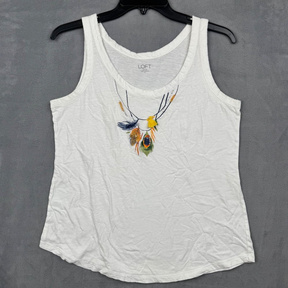 LOFT Outlet White Tank Top Feather Antler Graphic Print Women's Size M‎